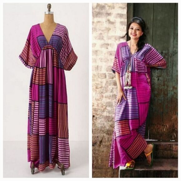 Anthro Anupamaa Silk Geo Striped Oversized Maxi Dress Kaftan in Purple Size L - Picture 1 of 16